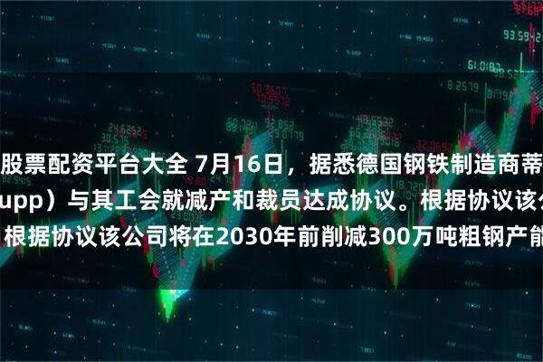 股票配资平台大全 7月16日，据悉德国钢铁制造商蒂森克虏伯（Thyssenkrupp）与其工会就减产和裁员达成协议。根据协议该公司将在2030年前削减300万吨粗钢产能和11000个岗位。